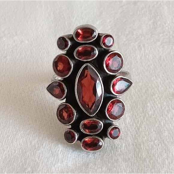 The Unbranded Brand Jewelry - Large Vintage Sterling Silver Garnet Cocktail Ring Multi Shape Faceted Sz 8.5